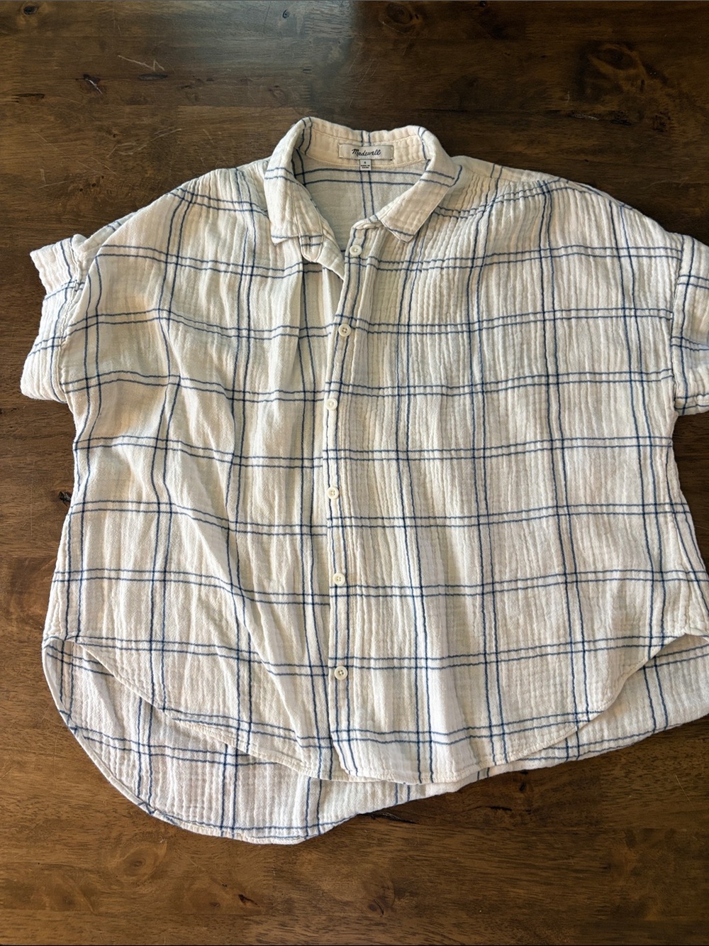 Madewell Oversized White Short-Sleeve Button-Up Shirt with Blue Windowpane Check
